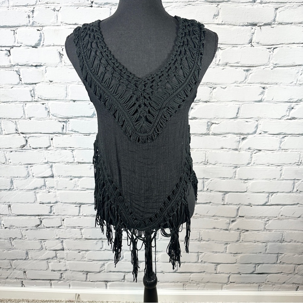 Open Crochet Knit Fringe Tank Top Cover Up Size Small Black Boho Festival Beach - Picture 2 of 9
